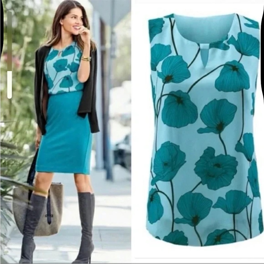 CAbi #3268 Blue Poppy Floral Print Sleeveless Top Tank Keyhole Size Small
